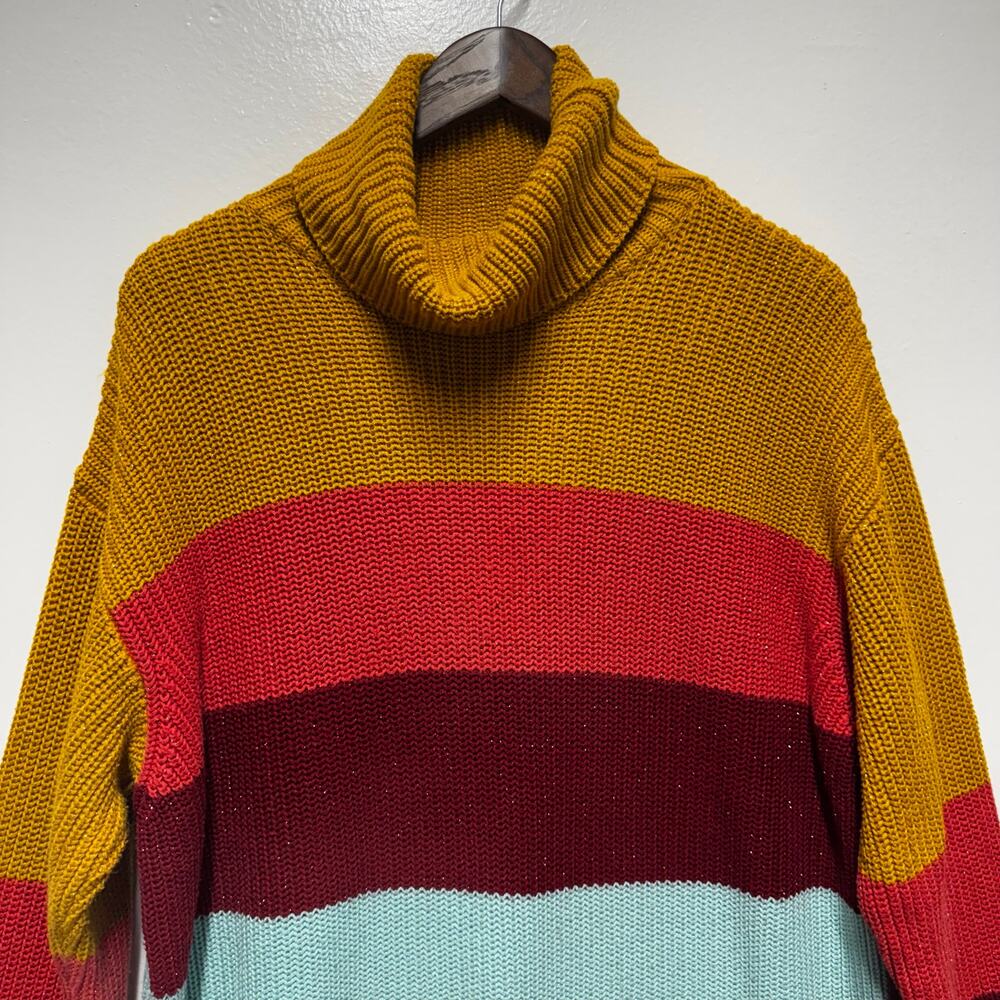 FARM Rio Striped Sweater Dress Chunky Ribbed Turtleneck L Cozy Fall Eclectic - Picture 2 of 13